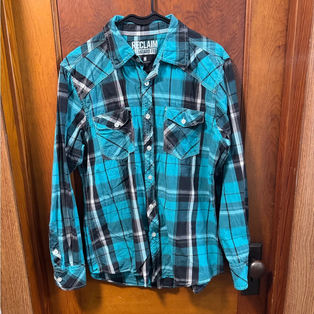 Buckle Button Up Men's Medium Teal and Black Plaid Western Country